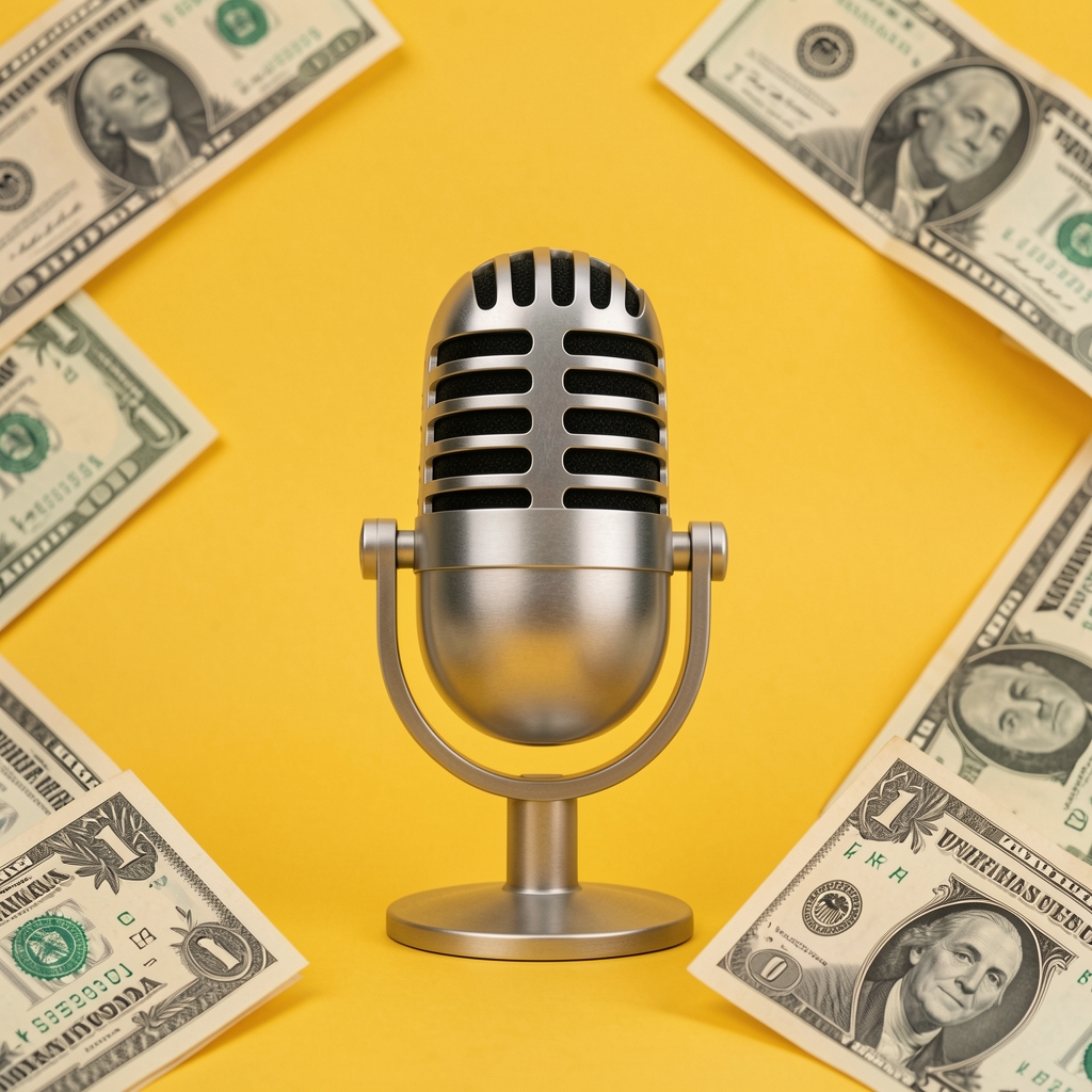 Обложка подкаста Planet Money — NPR, микрофон и графики финансовых рынков на синем фоне